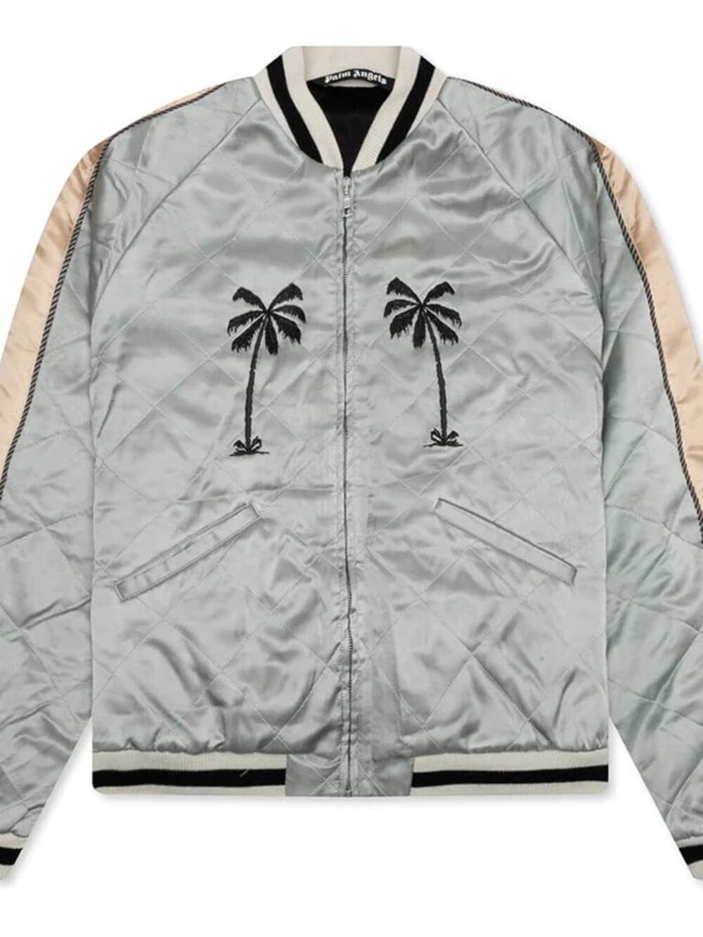 Palm Angels Men's Embroidered Souvenir Bomber Jacket Silver Beige Black L